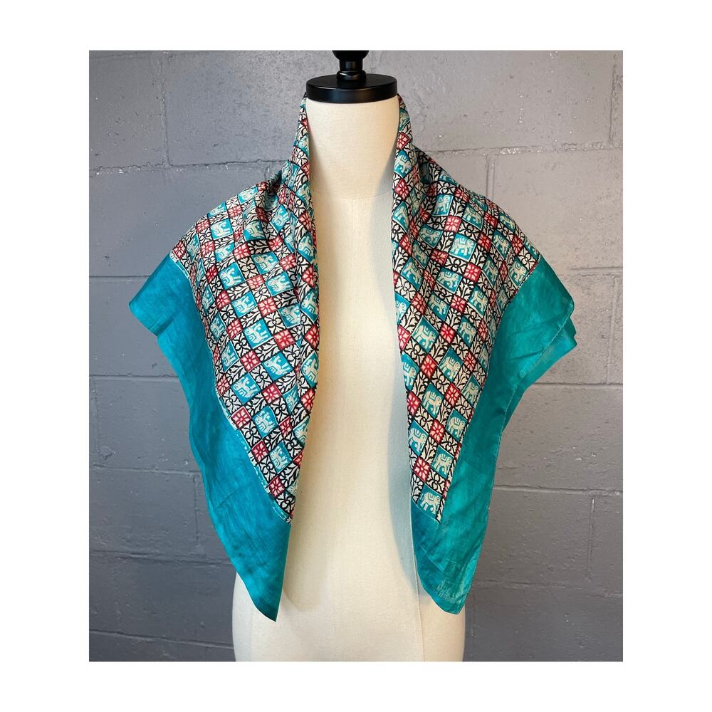 Vintage Mid Century Elephant Silk Scarf Indian Block Print Tile Print Turquoise